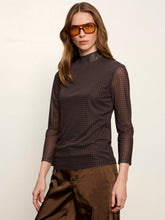 Sanctuary 3/4 Sleeve Mesh Mock Neck Top in Espresso Geo, angled model view of the fitted mesh shape.