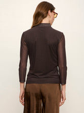 Sanctuary 3/4 Sleeve Mesh Mock Neck Top in Espresso Geo, back view of the printed mesh top.