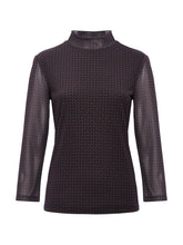 Sanctuary 3/4 Sleeve Mesh Mock Neck Top in Espresso Geo, clean front product image of the mesh mock-neck top.