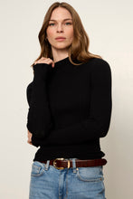 Sanctuary Essential Knit Long Sleeve Top in Black, model pose with one hand near the mock neckline.