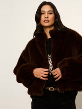 Sanctuary Everest Fur Bomber in Espresso Martini, front model view of the brown faux-fur bomber.