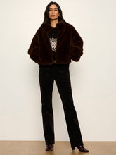 Sanctuary Everest Fur Bomber in Espresso Martini, full-length model look styled with black trousers.