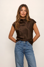 Sanctuary Nights With You Satin Shell in Espresso Martini, front model view styled with blue jeans.