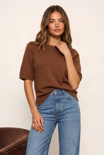 Sanctuary Perfect Sweater Tee in Cocoa Powder, model pose with the brown knit tee tucked into blue jeans.