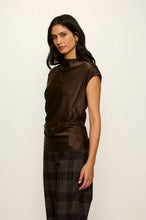 Sanctuary Nights With You Satin Shell in Espresso Martini, angled view showing cap sleeves and satin drape.