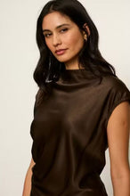 Sanctuary Nights With You Satin Shell in Espresso Martini, close-up of the mock neckline and satin finish.