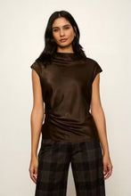 Sanctuary Nights With You Satin Shell in Espresso Martini, model view styled with dark plaid pants.