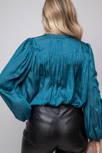 womens pleated sateen blouse blue