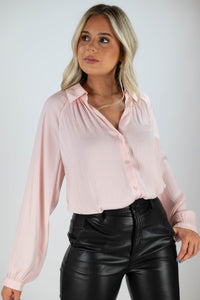 pink sateen button up blouse