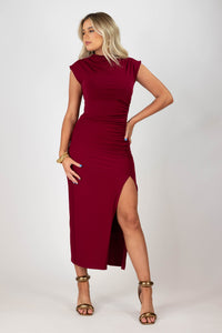 fitted midi dress with slit burgendy