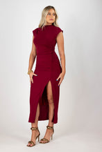 midi dress with ruched waist and slit