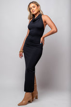 fitted black dress with cowl neck