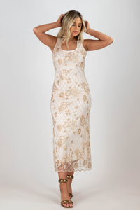 cream beaded slip midi dress with low back