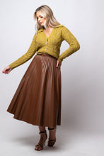 brown pleated leather midi skirt