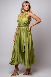 Green tea Satin pleated midi dress
