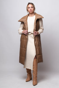 long leather puffer vest tan