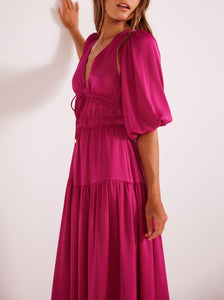 berry pink midi dress with 3/4 length sleeves and elastic cuff